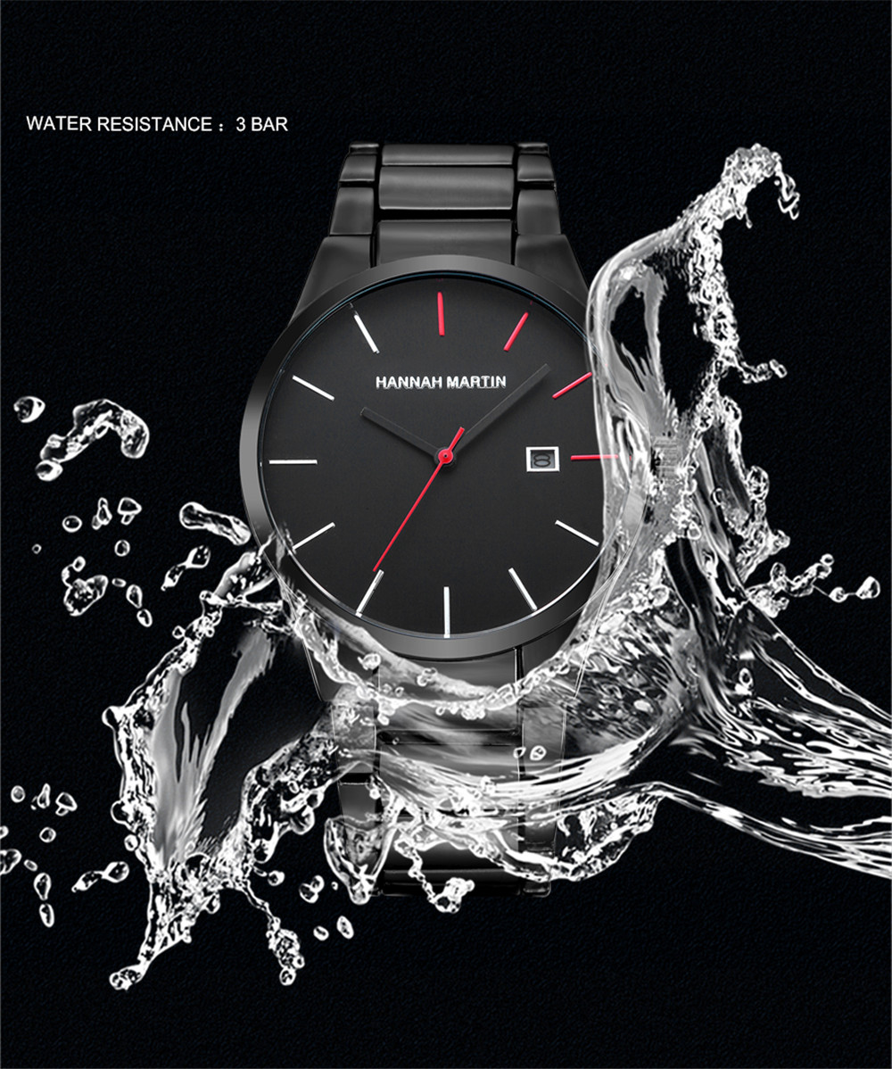 Hannamading 17551 4843 Business Waterproof Men Steel Band Quartz Watch with Box