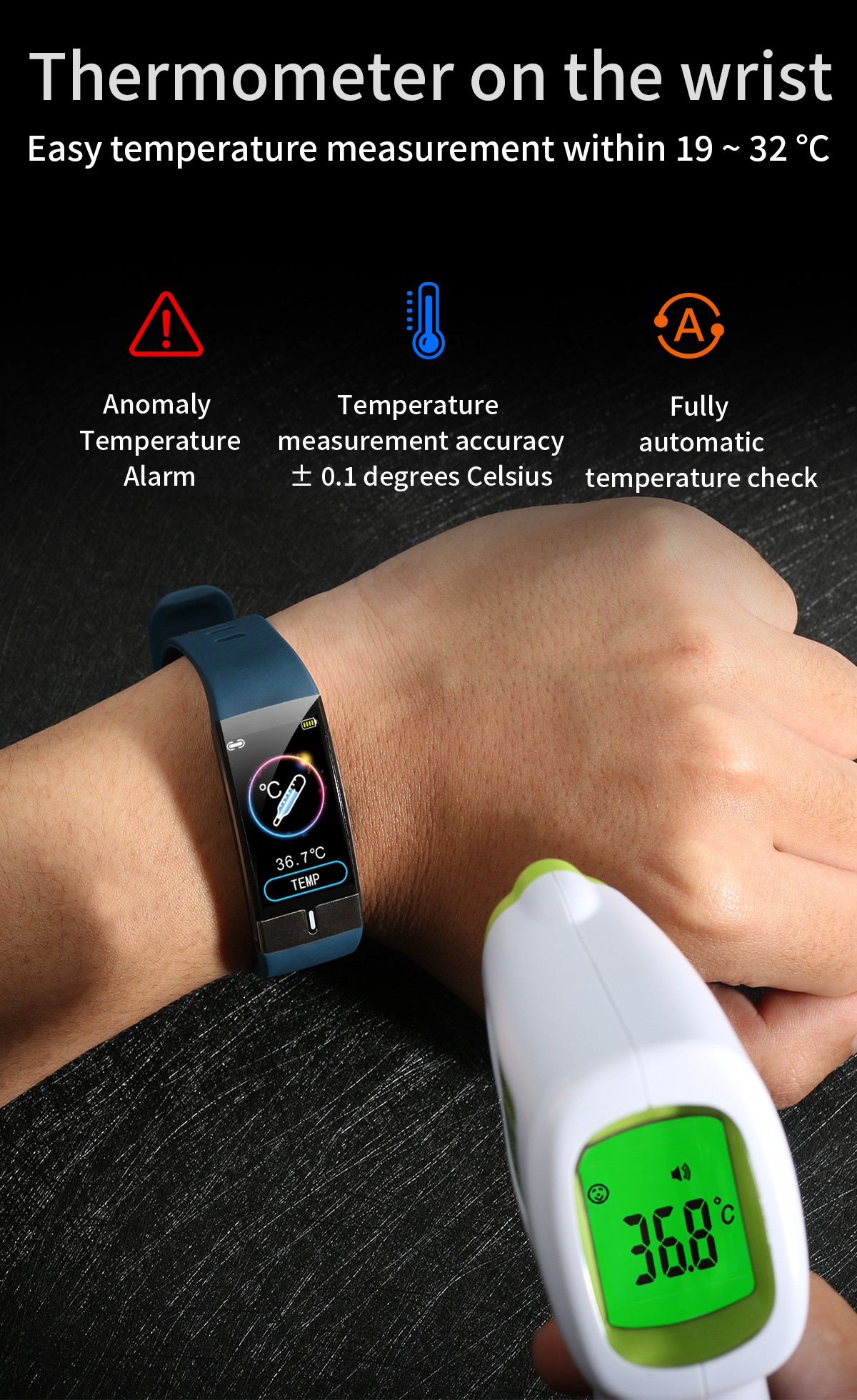 E66 Temperature Measure Smart Watch Thermometer on the wrist